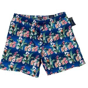 Club Room Men Swim Trunks Shorts Tropical Parrot Print L Blue Coastal Beach NWT